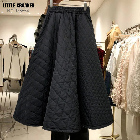 Korea Retro Women Skirts 2022 Autumn Winter New Elastic High Waist Diamond Quilt Woven Solid Color A-line Bottoms Jupe Femme