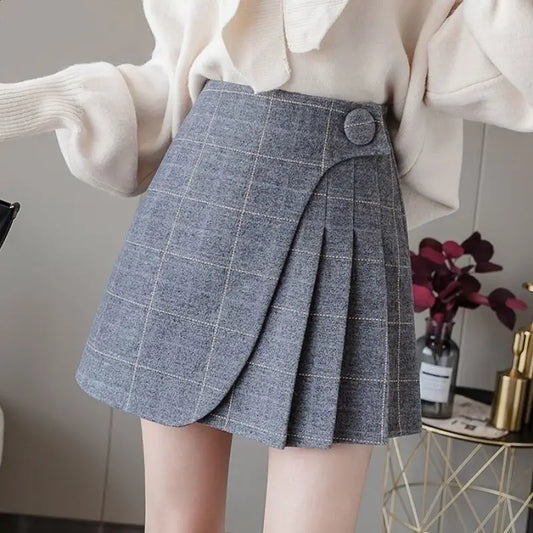 Plaid Skirt Shorts Women 2022 Winter Wool Pleated Skirt Korean Fashion Irregular A Line High Waisted Jupe Package Hip Skirts